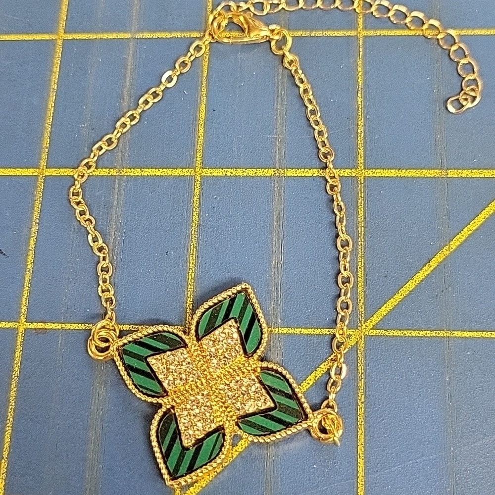 Green Rhinestone Gold Tone 7" + 2" Extension Bracelet